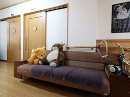 茶色のソファとぬいぐるみ