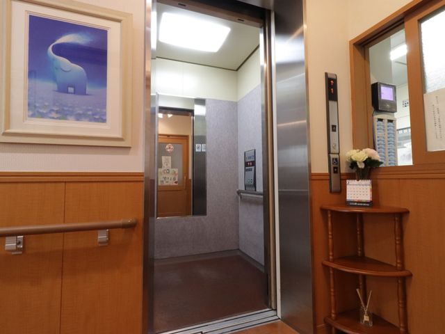 エレベーター正面の風景 エレベーター モダンなデザインのエレベーター前には、暖かみのある装飾が施され、清潔感のある雰囲気を演出しています。