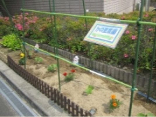 中庭の花壇と看板