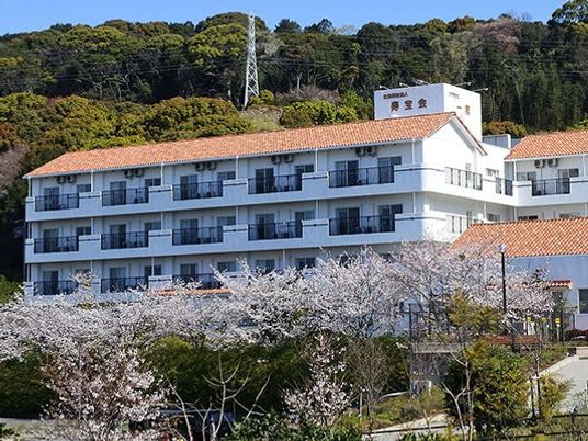 桜に囲まれた外観  