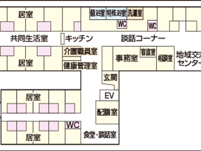 生活施設の間取り 内観 居室や浴室がコンパクトに配置された施設です。共有生活室にはキッチンも備えられています。