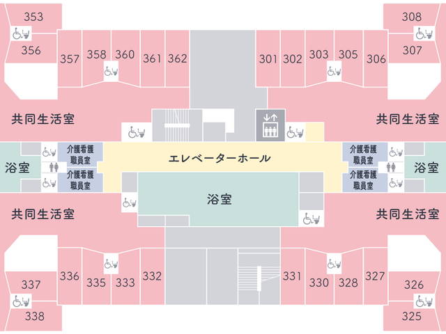 フロアマップ 廊下 居室と共用スペースが明示されたフロアマップです。各部屋へのアクセスがしやすくなっています。