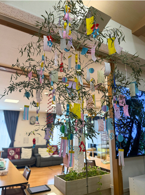 短冊が飾られた植物があるリビング