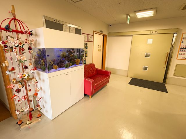 エントランスと水槽 エントランス 鮮やかな赤いソファが置かれた安心感あるエントランスです。水槽が空間を潤い豊かにしています。