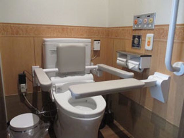 サポート付きのトイレ トイレ 利用者の安全を考慮した手すりが付いているトイレです。リラックスして利用できる設計です。