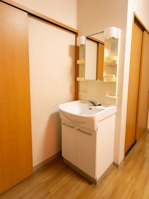 洗面台と鏡が設置された廊下