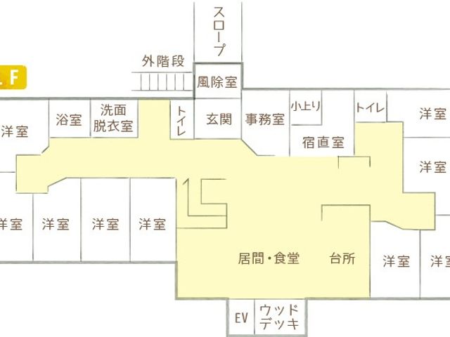 施設の間取り図 内観 設備が充実した1階の平面図。日々の仕事をスムーズに行えます。
