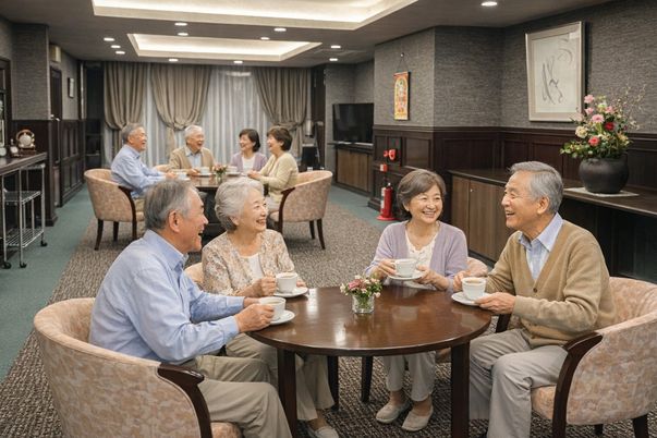 談笑中の利用者がいるラウンジ
