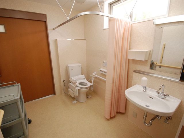 プライベートな洗面台 トイレ 落ち着いた色合いが特徴の空間で、清潔感が感じられます。手すり付きで安心な設備となっています。