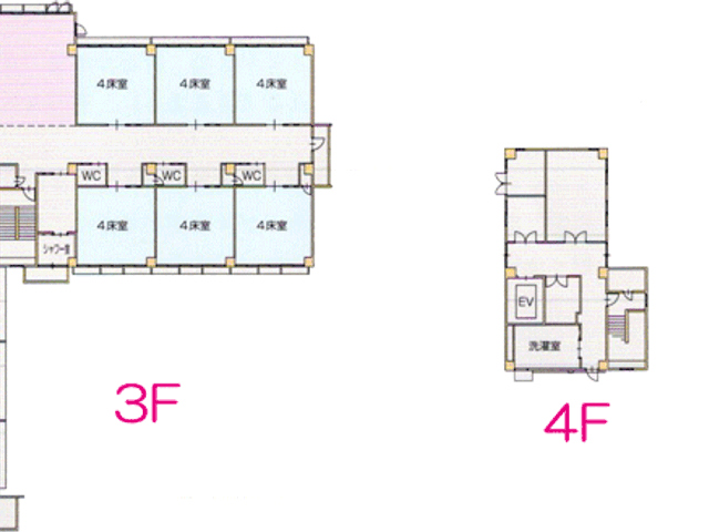 3階と4階の間取図 居室 プライバシーを大切にした4床室が並びます。広々とした空間と快適な動線が利用者様に好評です。
