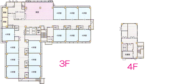 3階と4階の間取図 居室 プライバシーを大切にした4床室が並びます。広々とした空間と快適な動線が利用者様に好評です。