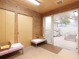 木目調の明るい浴室入口