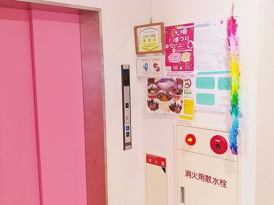ピンクの扉のエレベーター
