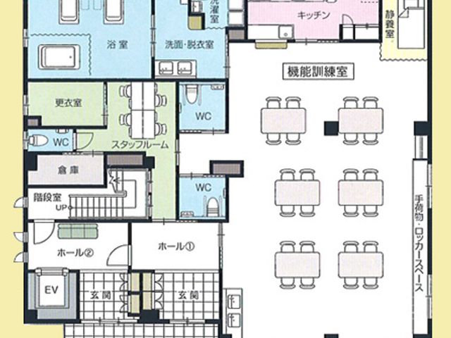 機能訓練室の見取り図 機能訓練室 機能訓練室は広々としたスペースが特徴で、多人数でのセッションが可能です。リラックスできる環境が整っています。