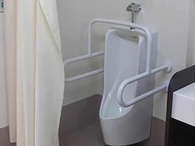 安全手すり付きトイレ トイレ 安全性を確保したトイレです。手すりが設置され、利用者の立ち座りが助けられます。