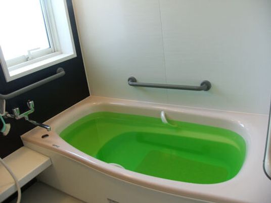 一人用の浴槽が置かれた浴室には手すりや窓、シャワーがある。浴槽にはグリーンの湯がたまっている。