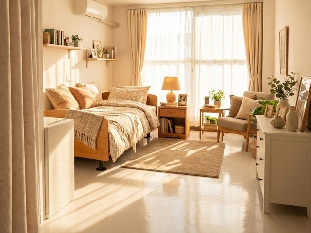 広々とした居室 居室 自然光がたっぷり入る明るい部屋です。家具や小物が整えられ、落ち着いた雰囲気が漂っています。