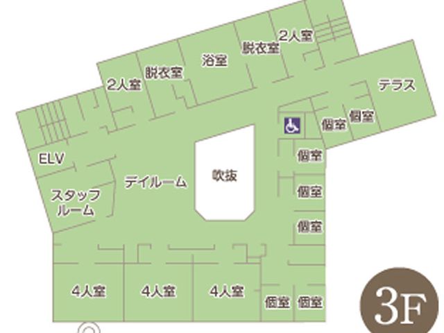 3階の間取り図 居室 3階のフロアプランです。個室やデイルームが充実しており、入居者の生活空間が工夫されています。