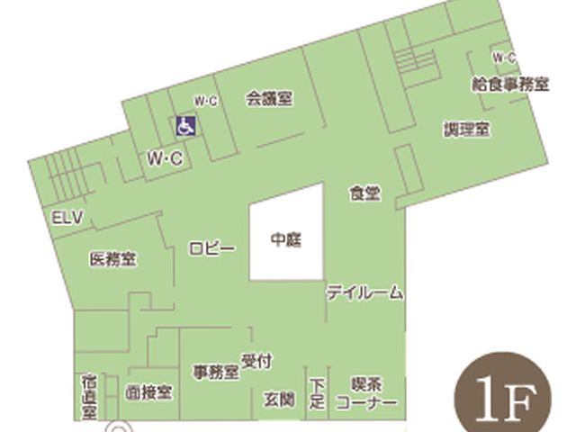 施設のフロアマップ 内観 施設の1階全体図です。訪問者にわかりやすく配置が示されています。