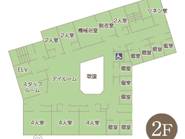 施設の間取り図 内観 施設の2階の間取りです。各部屋の配置や設備の位置がわかりやすく表示されています。