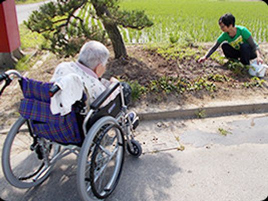 車椅子の高齢者とスタッフの園芸