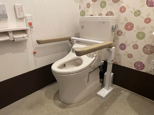 手すり付きのトイレ トイレ 安全な使い勝手を考えた設計のトイレです。手すりが付いており、立ち座りがしやすくなっています。