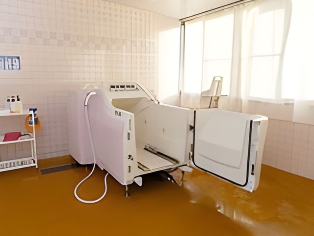 入浴設備の浴室 浴室 明るい自然光が差し込む、機能的で安全な導入設備が整えられた清潔な空間です。