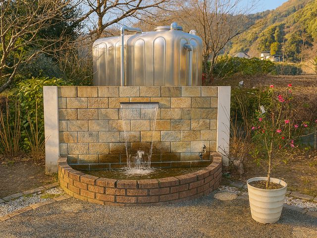 自然に囲まれた水辺 庭 緑豊かな庭に設置された小さな滝が、穏やかな雰囲気を演出しています。心地よい環境です。