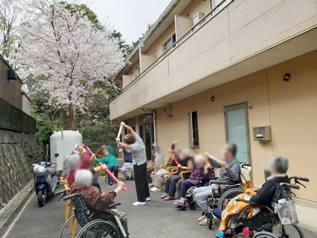 桜の見える庭 庭 桜の木の下で、車椅子の方々が楽しめる、穏やかなリハビリの場です。