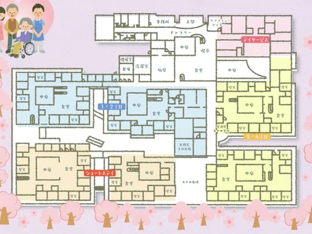 施設のフロアマップ 掲示物 施設の広々としたフロアマップです。各部屋の配置を確認しやすく、働く環境をイメージしやすいです。