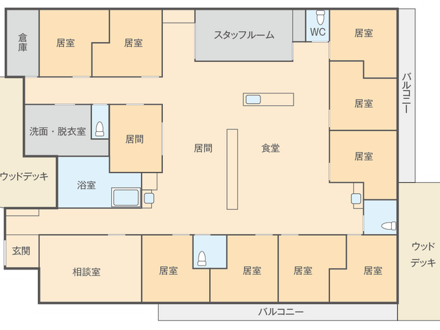 ゆったりした居室の配置図 居室 広々とした居室配置で、プライバシーを重視した落ち着いた環境です。安心して日々をお過ごしいただける空間でございます。
