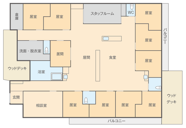 ゆったりした居室の配置図 居室 広々とした居室配置で、プライバシーを重視した落ち着いた環境です。安心して日々をお過ごしいただける空間でございます。