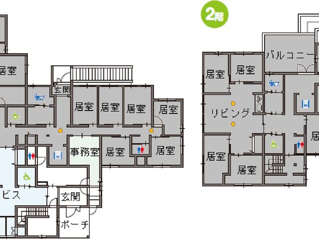 居室と廊下の見取り図 居室 広々とした居室と明るい廊下が配置されたフロアマップです。快適な就業環境を確認できます。