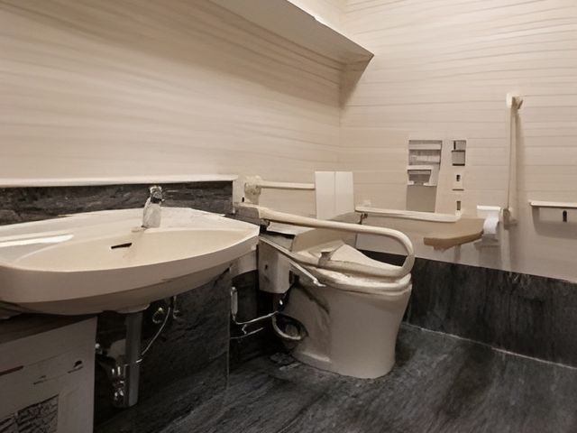 バリアフリーのトイレ トイレ 手すりが設置された安全なトイレです。誰でも安心して利用できる工夫がなされています。