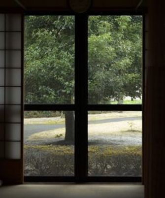 外の景色が見える廊下