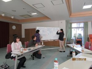 ホワイトボード前の会議室  
