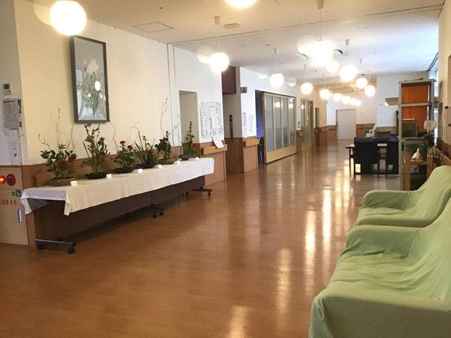 広々とした廊下 廊下 広々とした廊下は、柔らかな照明で安心感のある雰囲気です。季節の花が並び、癒しを提供しています。