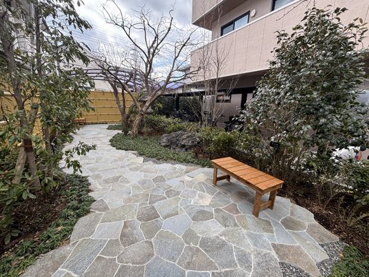 木々に囲まれた小道の庭