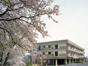 桜と建物の外観  