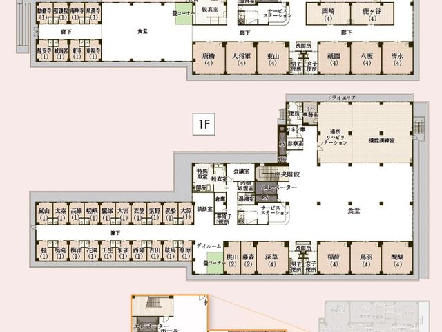 施設の見取り図 内観 見取り図で施設の全体像を確認できます。各フロアの配置を把握し、施設内の動線がわかります。