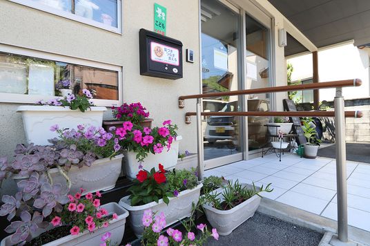 色とりどりの花が並ぶエントランス