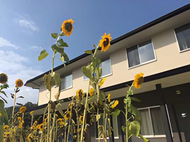 ひまわりと建物の外観 外観 施設の心地よい外観が青空の下で引き立ちます。庭のひまわりが温かい雰囲気を作り出しています。
