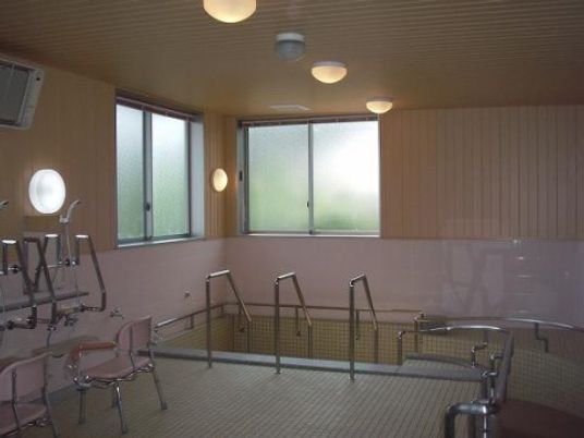 手すり付きの明るい浴室