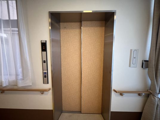 落ち着いた色合いのエレベーター