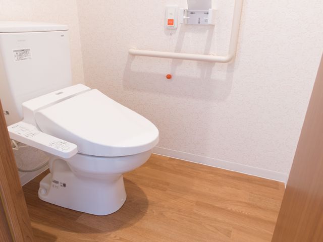 清潔感あるトイレ空間 トイレ 清潔で機能的なトイレが備わっており、手すり付きで安心してご利用いただけます。木目調の床が落ち着いた雰囲気を演出しています。