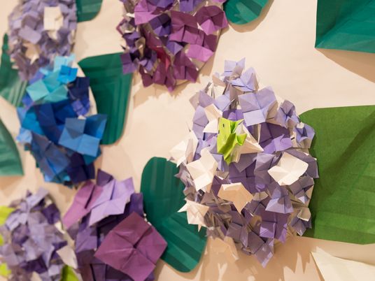 壁に折り紙で作ったたくさんの紫陽花が飾られている。花の上に、折り紙の小さなカエルが乗っているものもある。