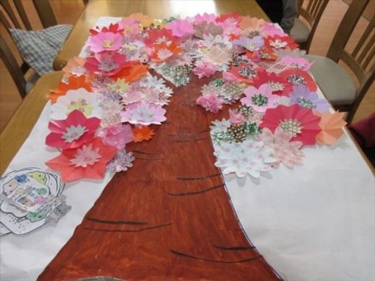 テーブルの上に置かれた製作物は入居者様が作成したものである。白い大きな紙に描かれた木の幹に、色彩豊かな手作りの花が咲いている。