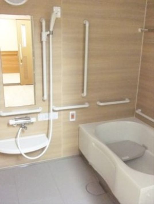 手すり付きの清潔な浴室