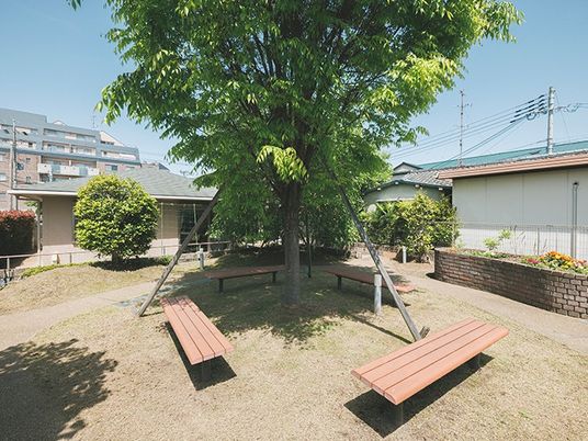 木陰のベンチがある庭  
