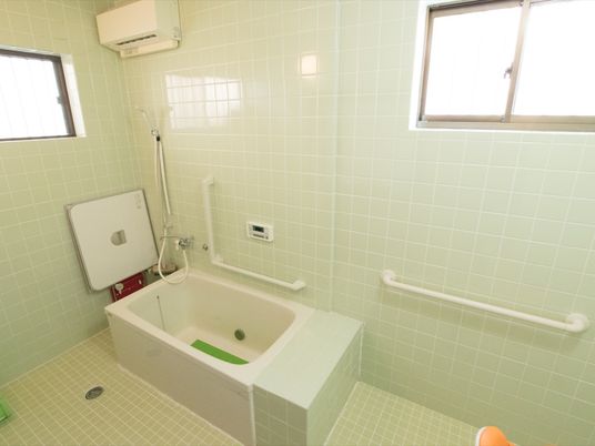 個室タイプの浴室である。浴槽内に緑色のマットが敷かれており、壁には手すりや操作パネルが設置されている。